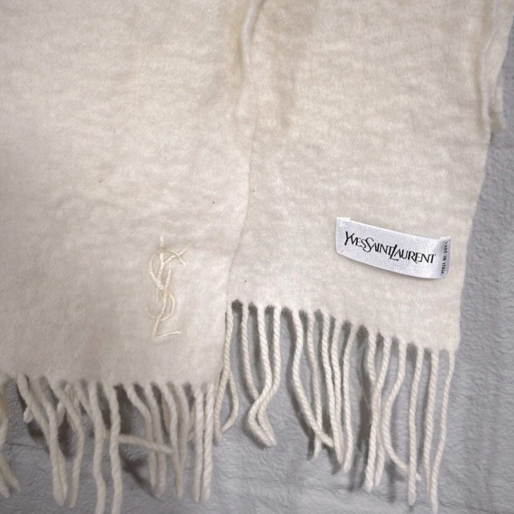 YSL Yves Saint Laurent Wool Cashmere Scarf 12"x67" Cream Fringe Italy